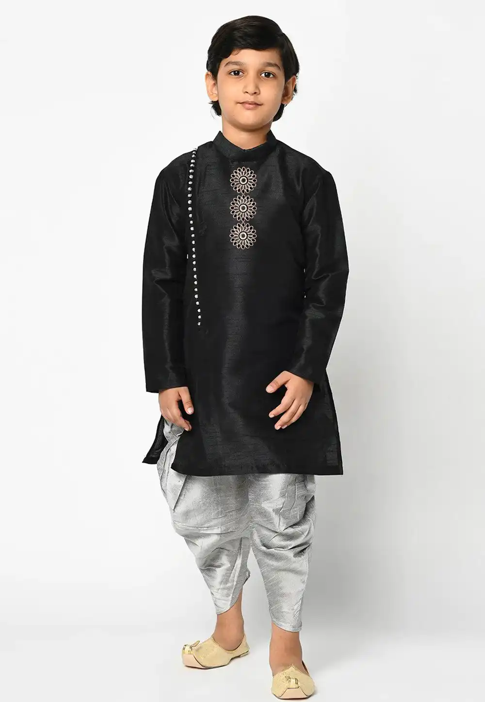 Black Dupion Silk Kids Dhoti Kurta 229908