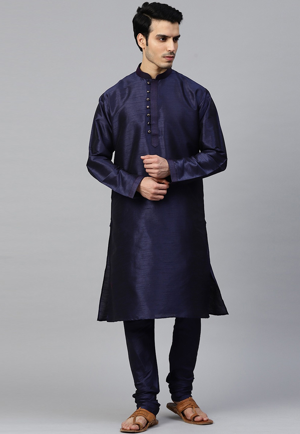 Navy Blue Dupion Silk Kurta Pajama 236529
