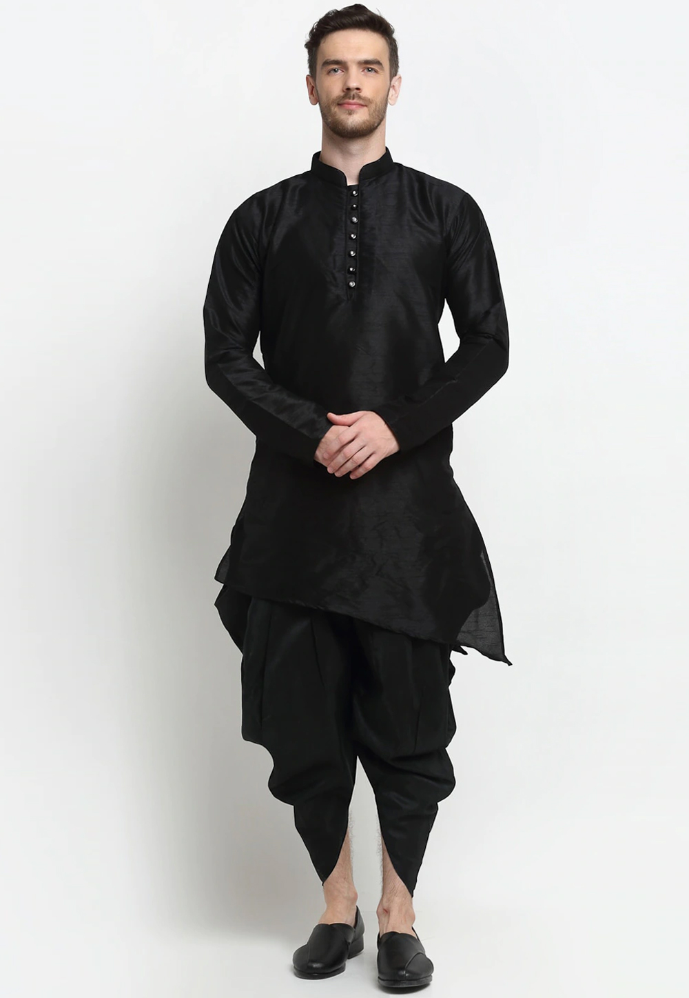 Black Dupion Silk Dhoti Kurta 236554