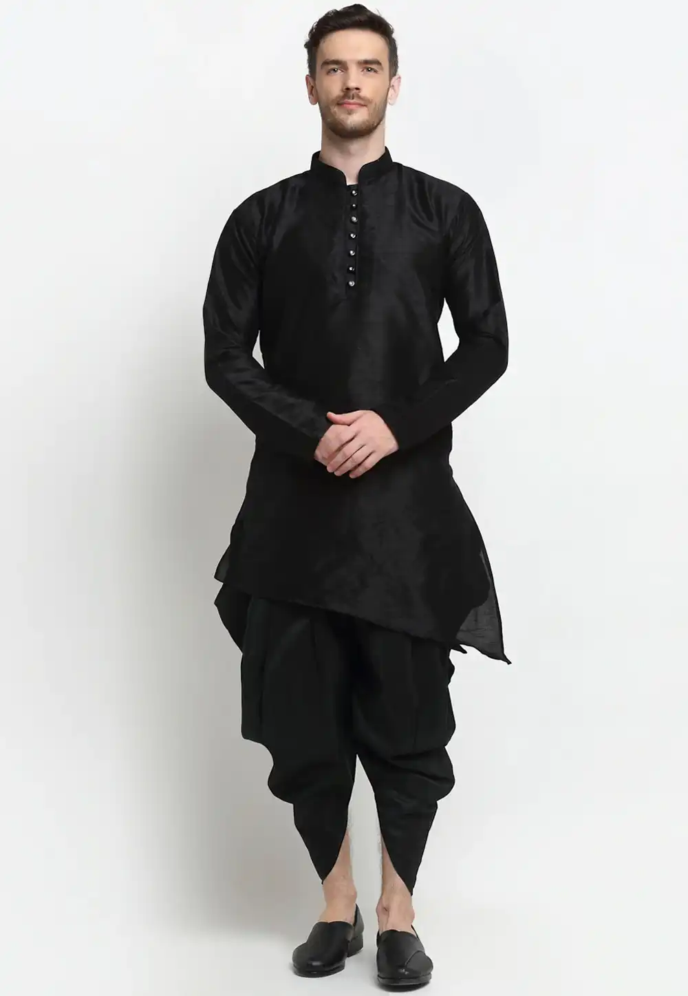 Black Dupion Silk Dhoti Kurta 236554