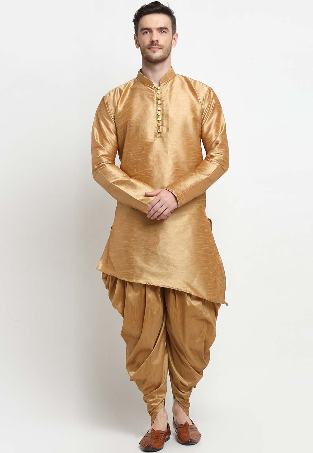 Golden Dupion Silk Dhoti Kurta 236559