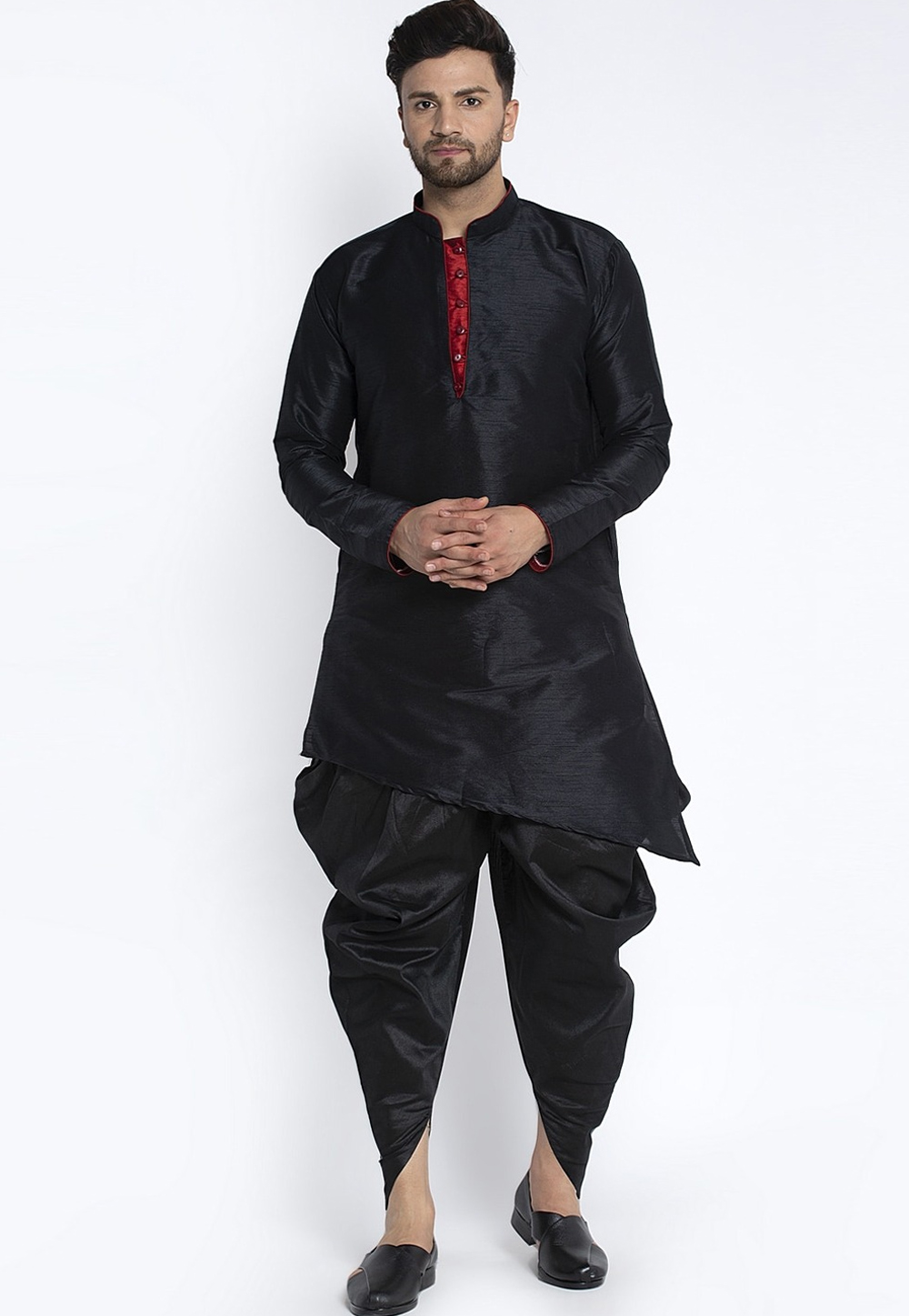 Black Dupion Silk Dhoti Kurta 236563