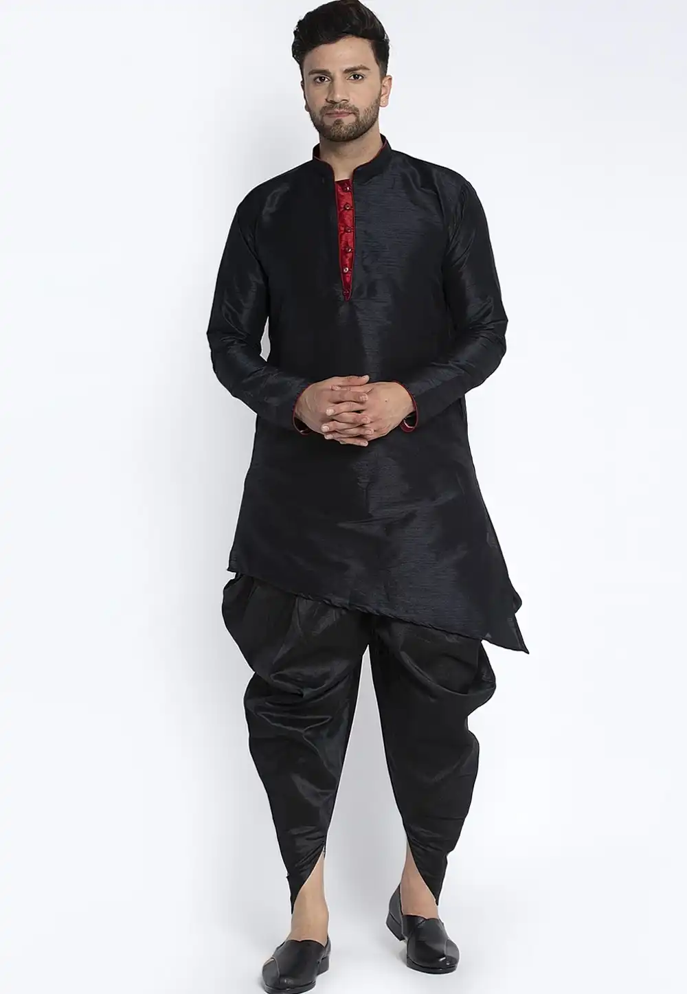 Black Dupion Silk Dhoti Kurta 236563