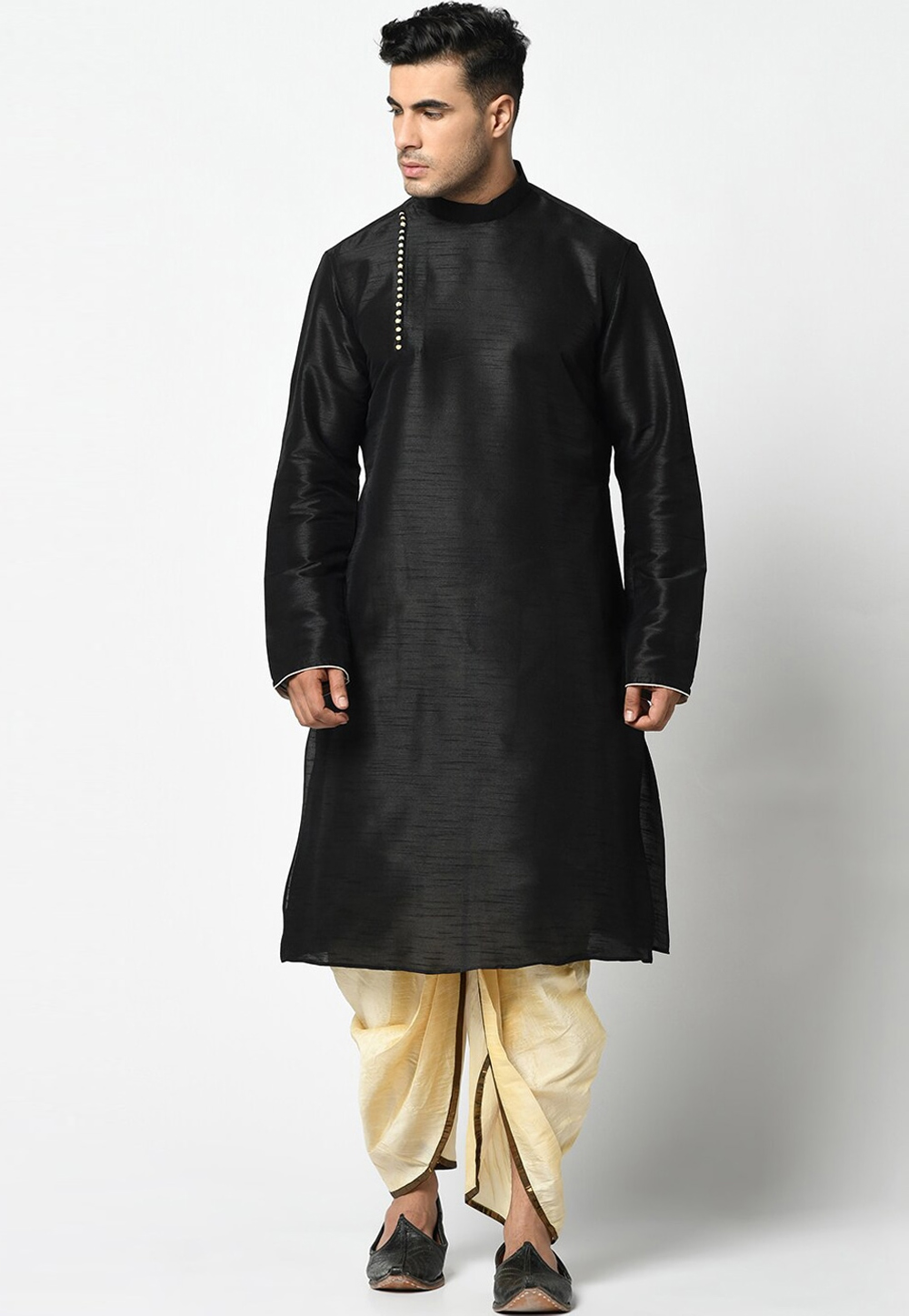 Black Dupion Silk Dhoti Kurta 236542