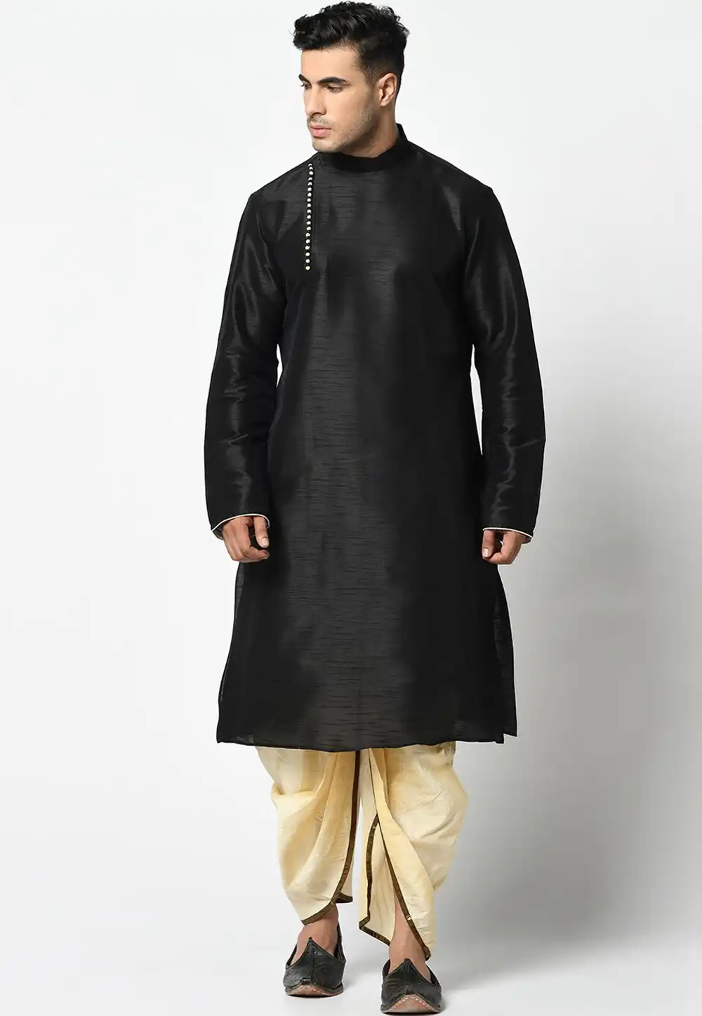 Black Dupion Silk Dhoti Kurta 236542