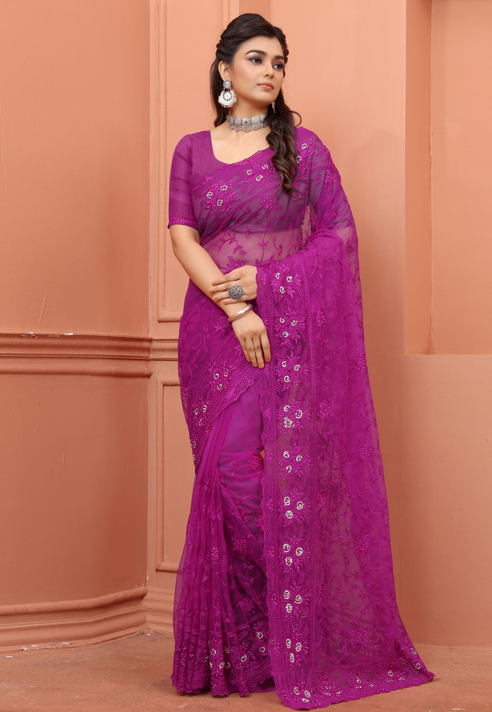 Magenta Net Saree With Blouse 247819