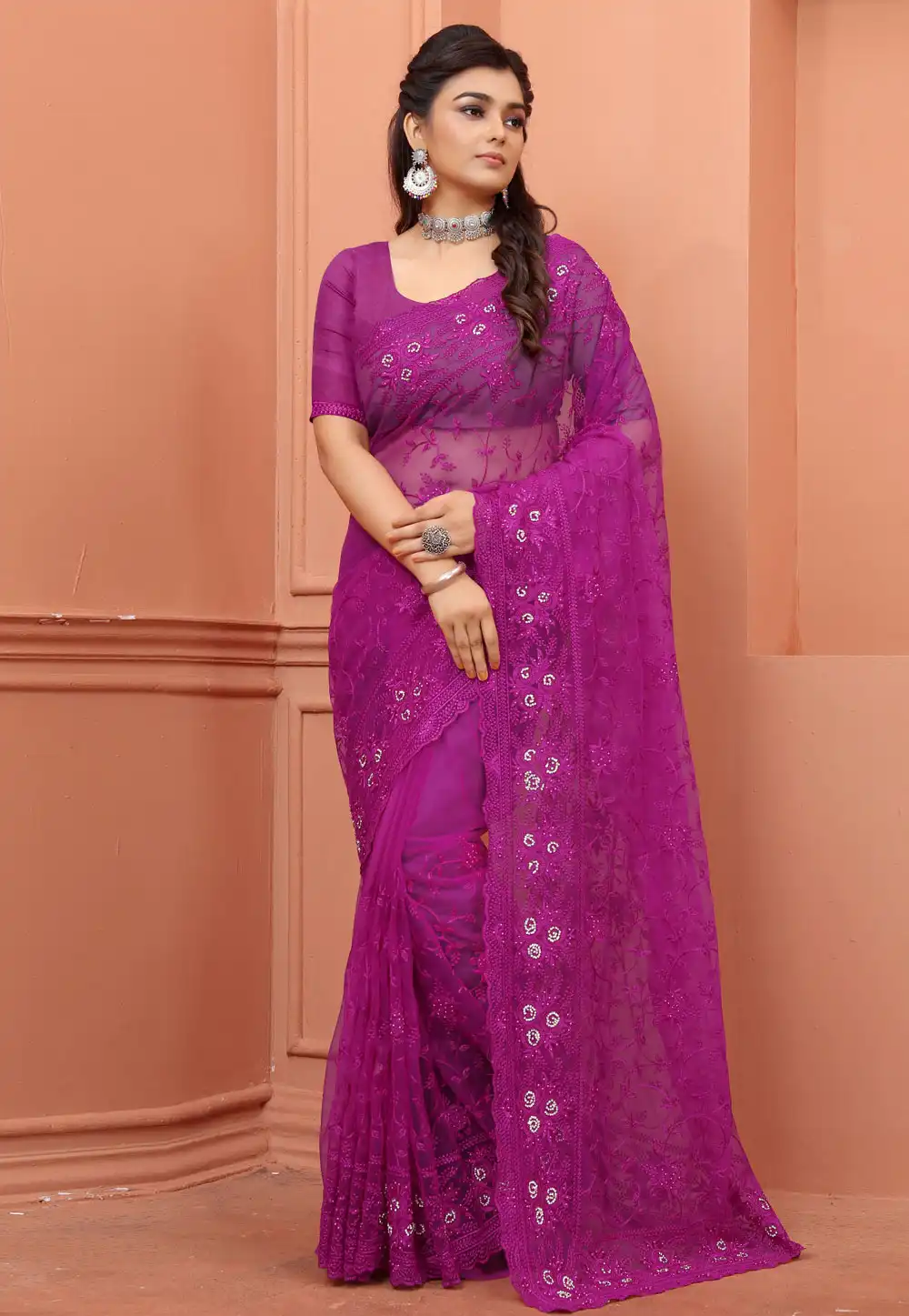 Magenta Net Saree With Blouse 247819