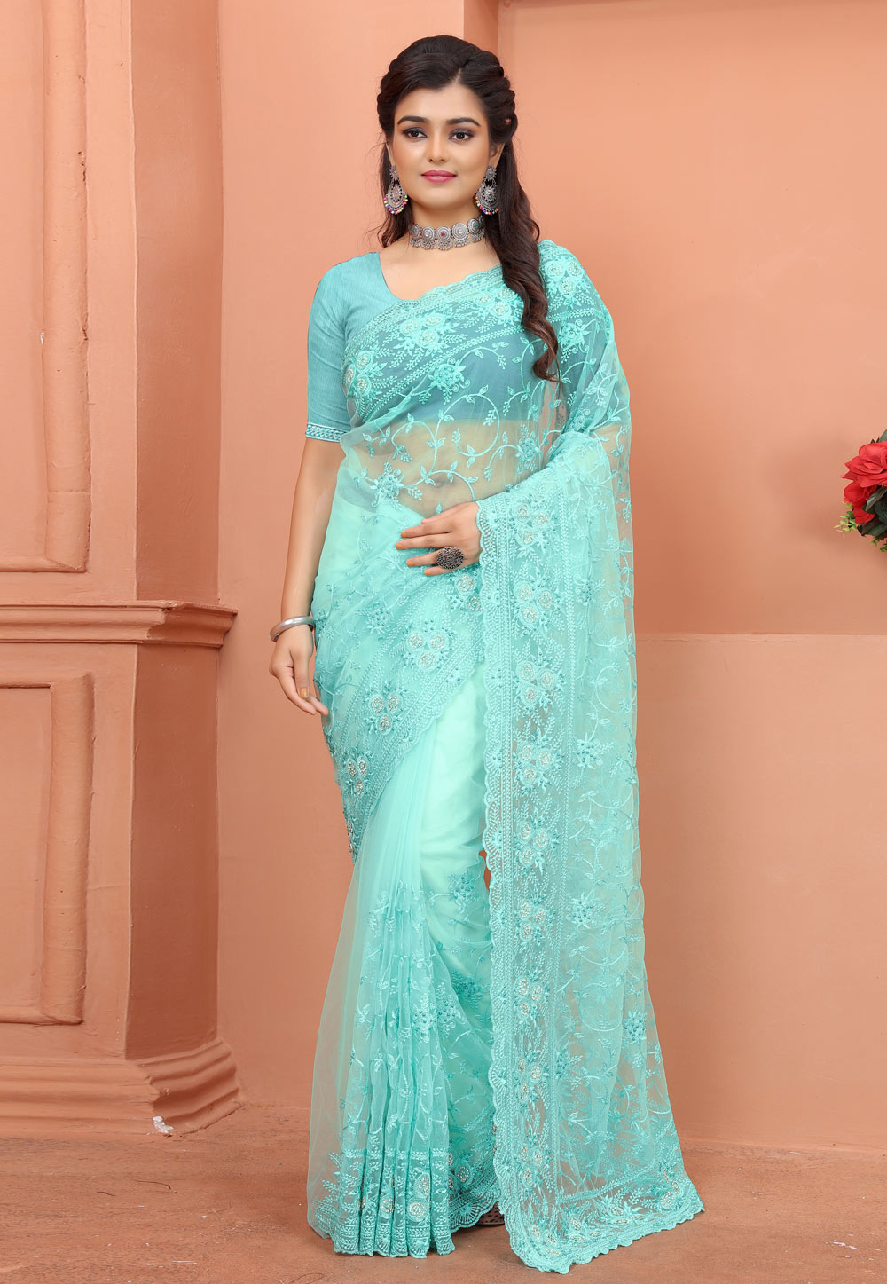Sky Blue Net Saree With Blouse 247820