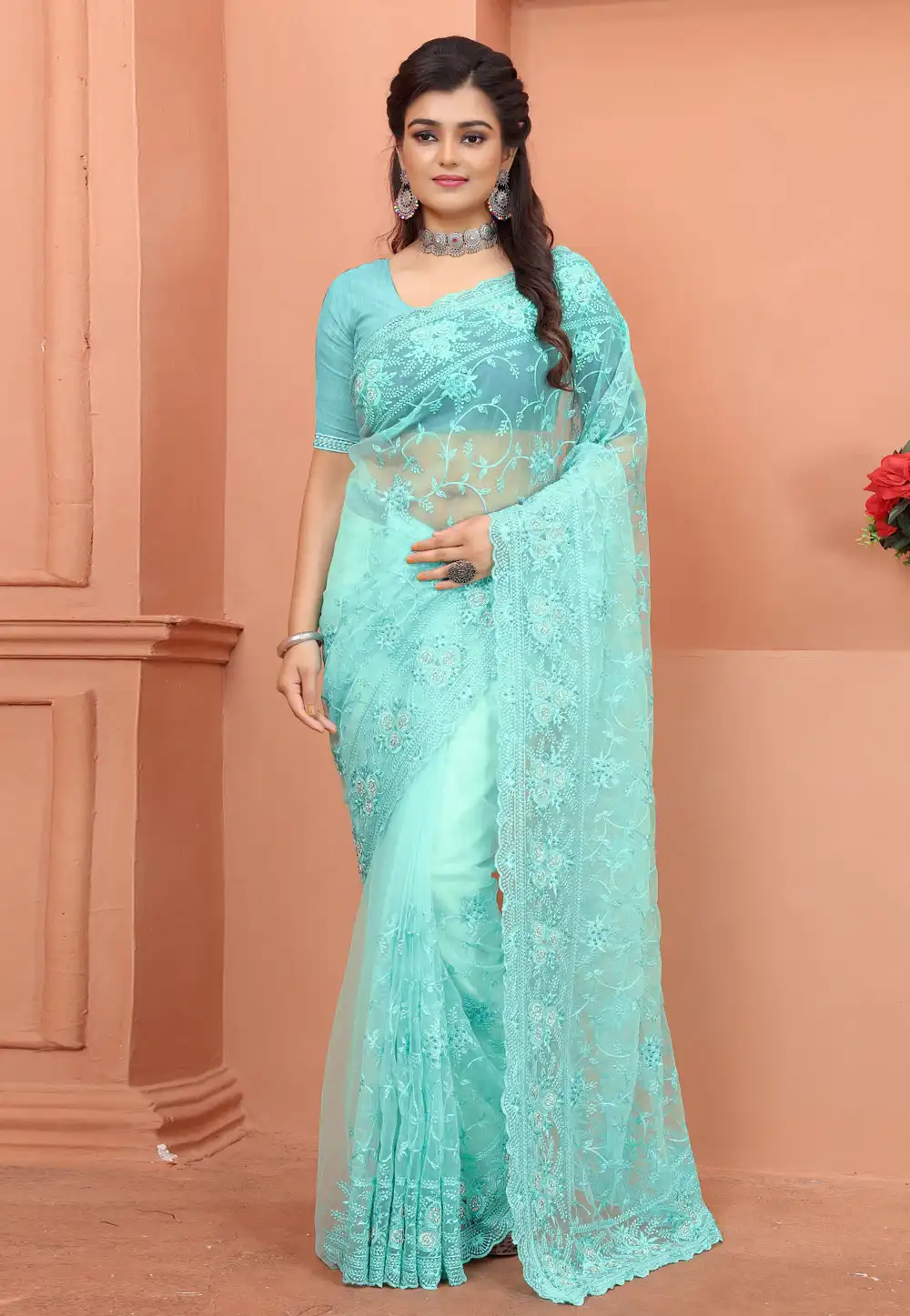 Sky Blue Net Saree With Blouse 247820