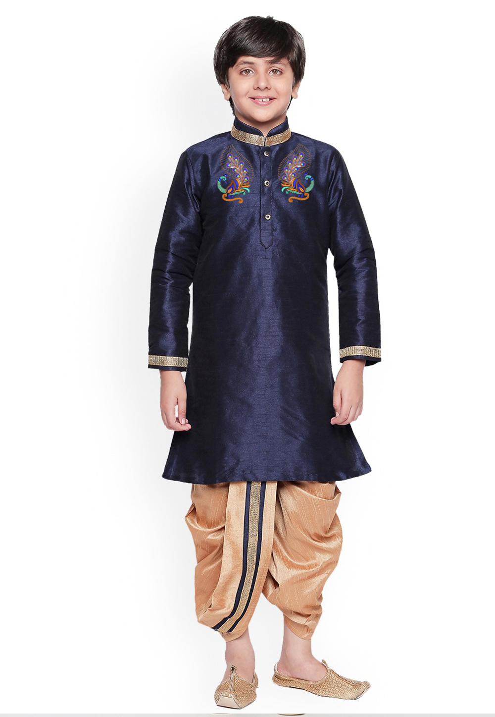 Navy Blue Dupion Silk Kids Dhoti Kurta 229913