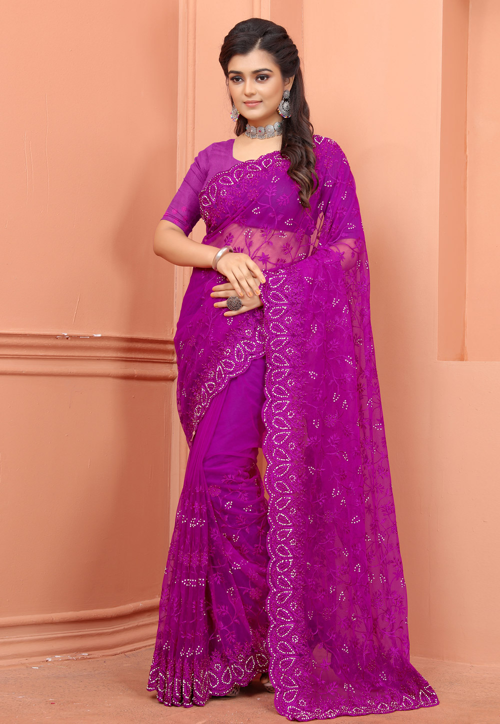 Magenta Net Saree With Blouse 247824