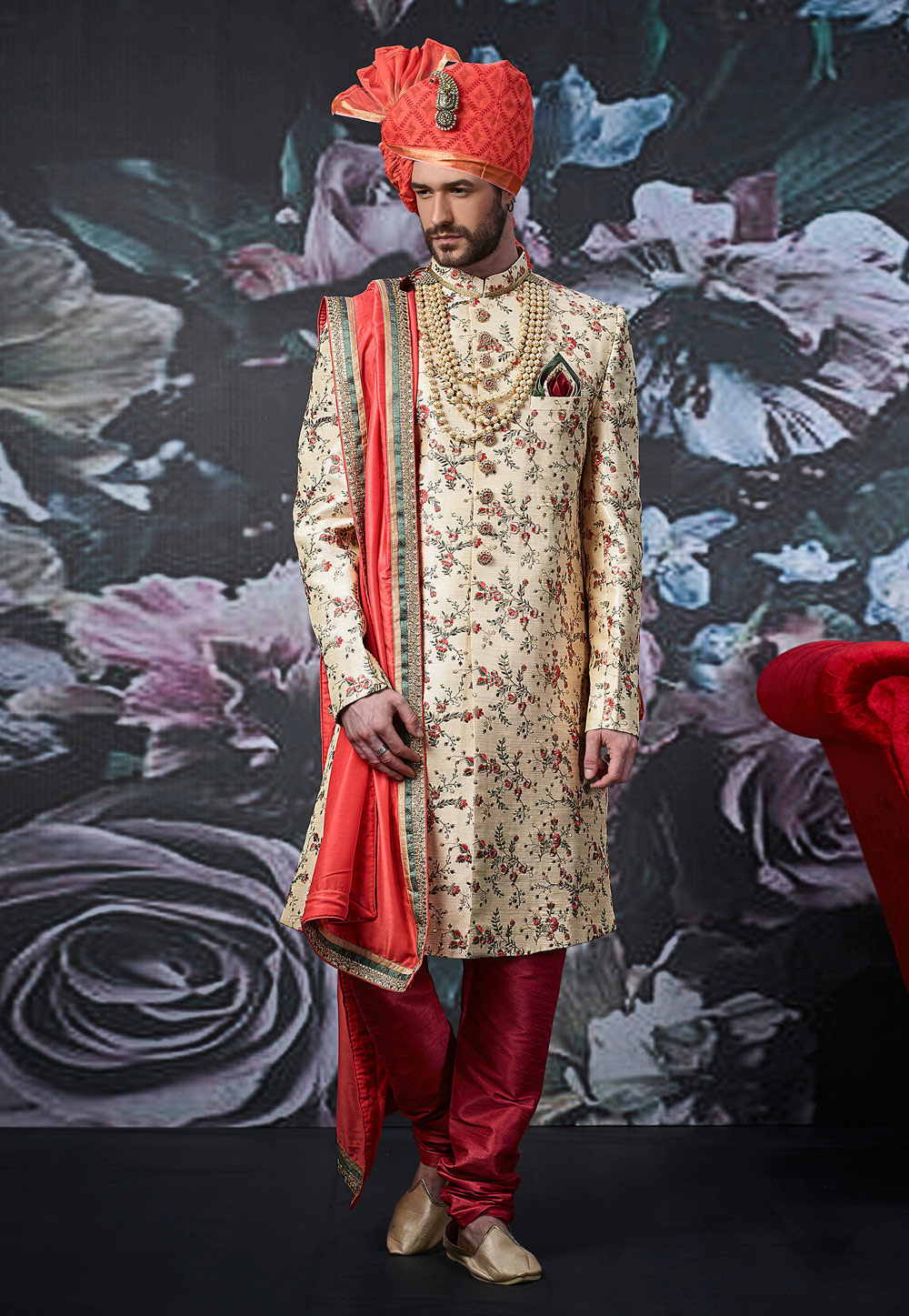 Beige Art Silk Readymade Sherwani 189047
