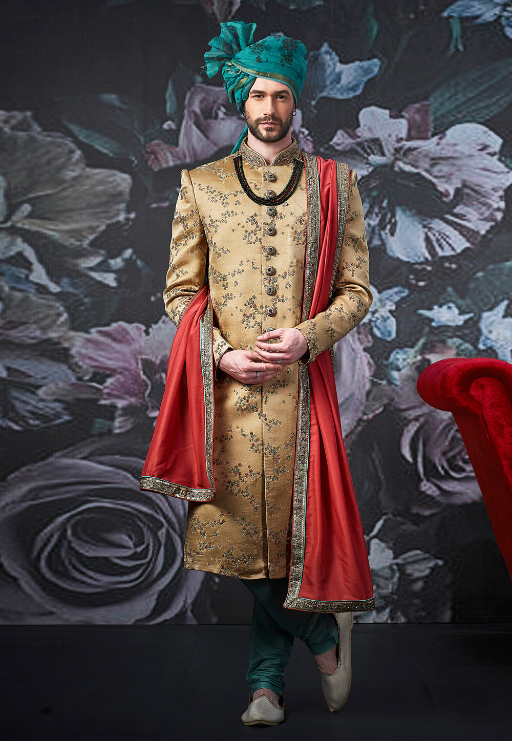 Golden Jacquard Readymade Sherwani 190106