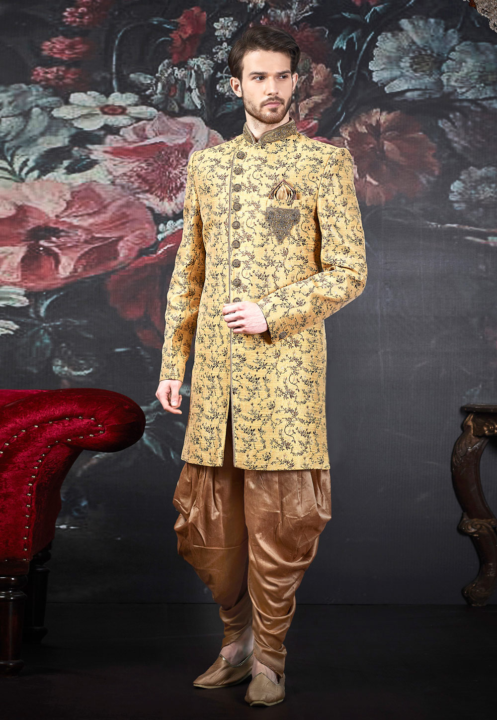 Golden Jacquard Readymade Dhoti Sherwani 188508