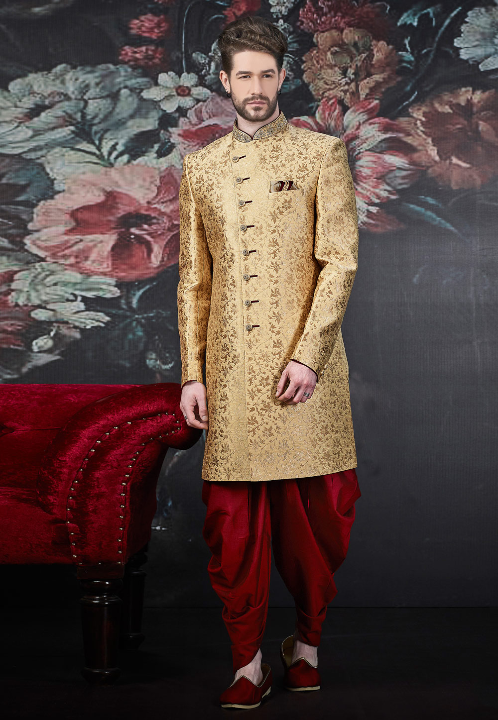 Golden Jacquard Readymade Dhoti Sherwani 188511