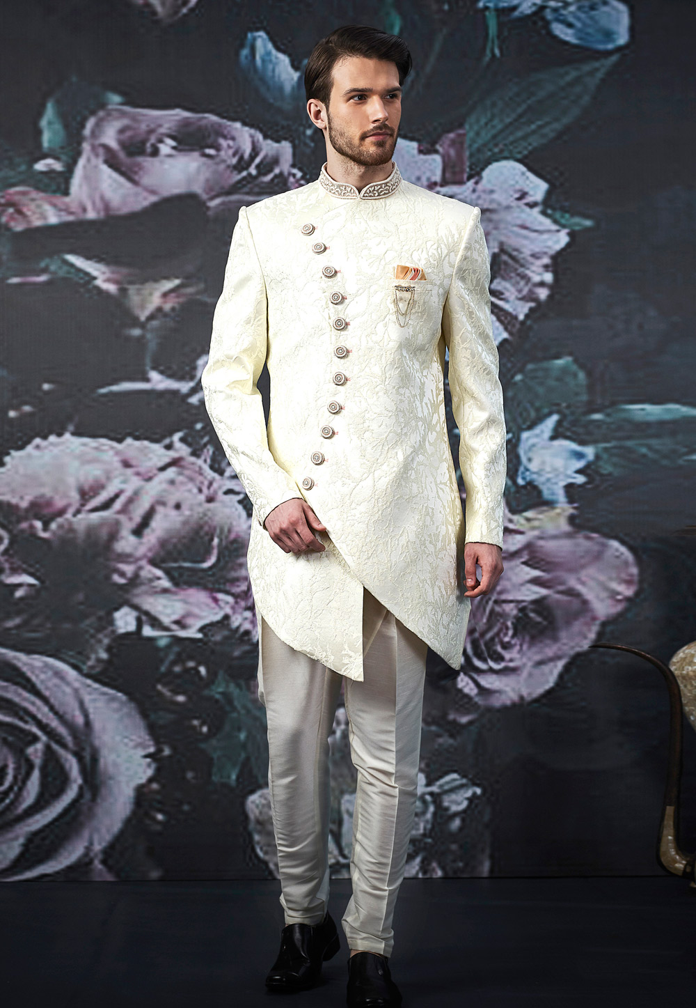 Cream Jacquard Readymade Indo Western Sherwani 188530