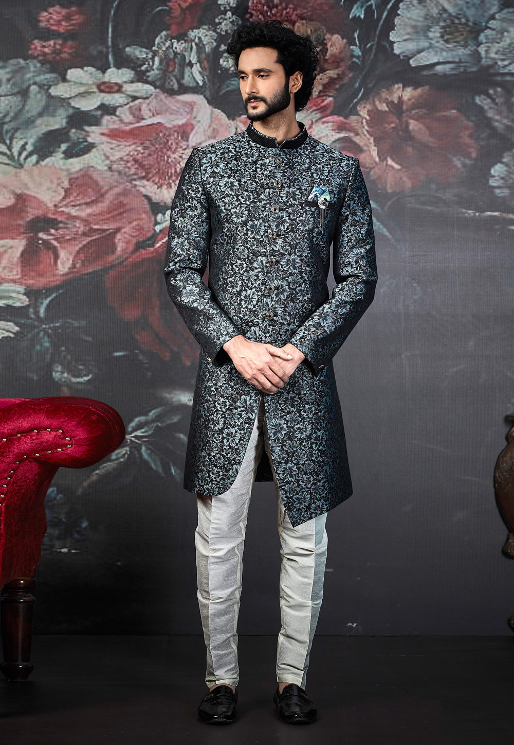 Black Jacquard Readymade Sherwani 188533