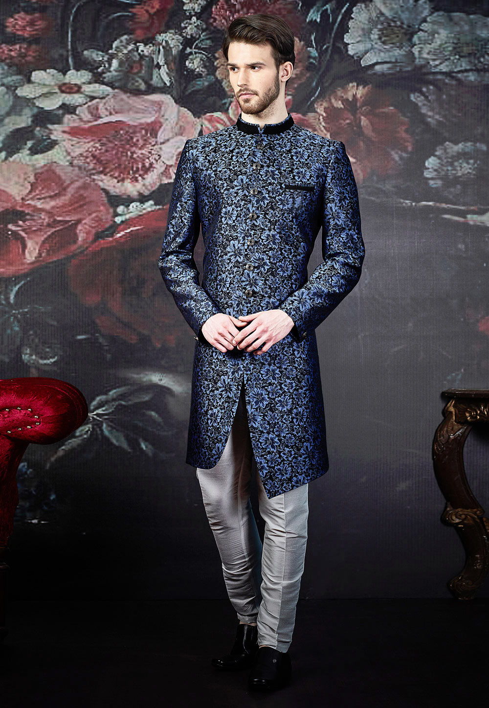 Blue Jacquard Readymade Sherwani 188534