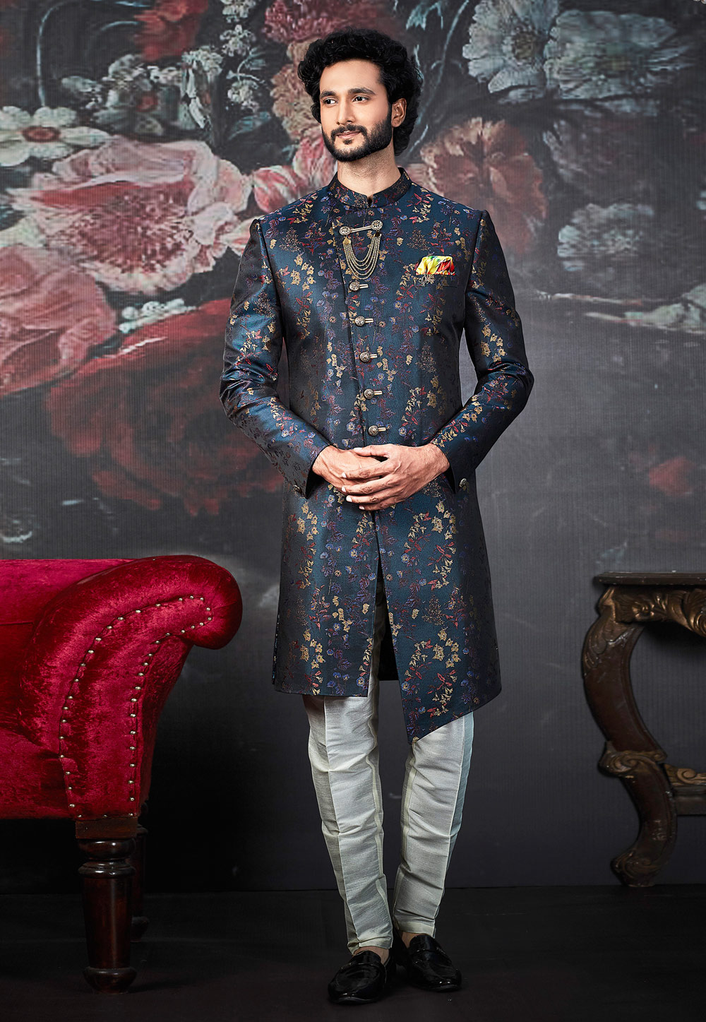 Blue Jacquard Readymade Sherwani 188538