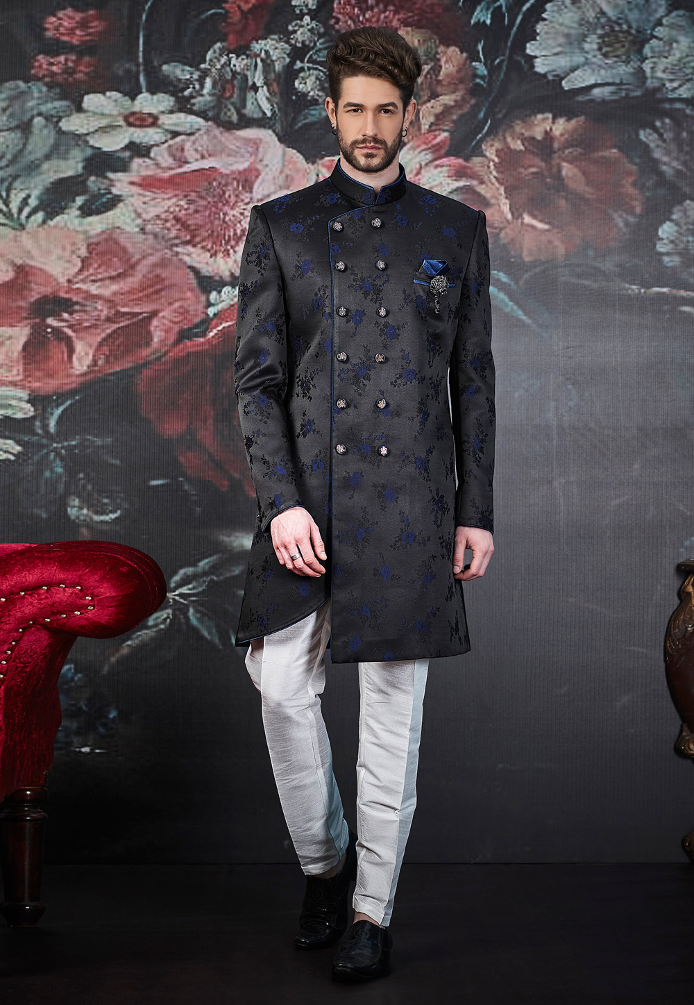 Black Jacquard Readymade Sherwani 188541