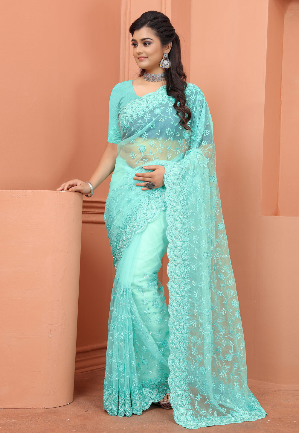 Sky Blue Net Saree With Blouse 247825