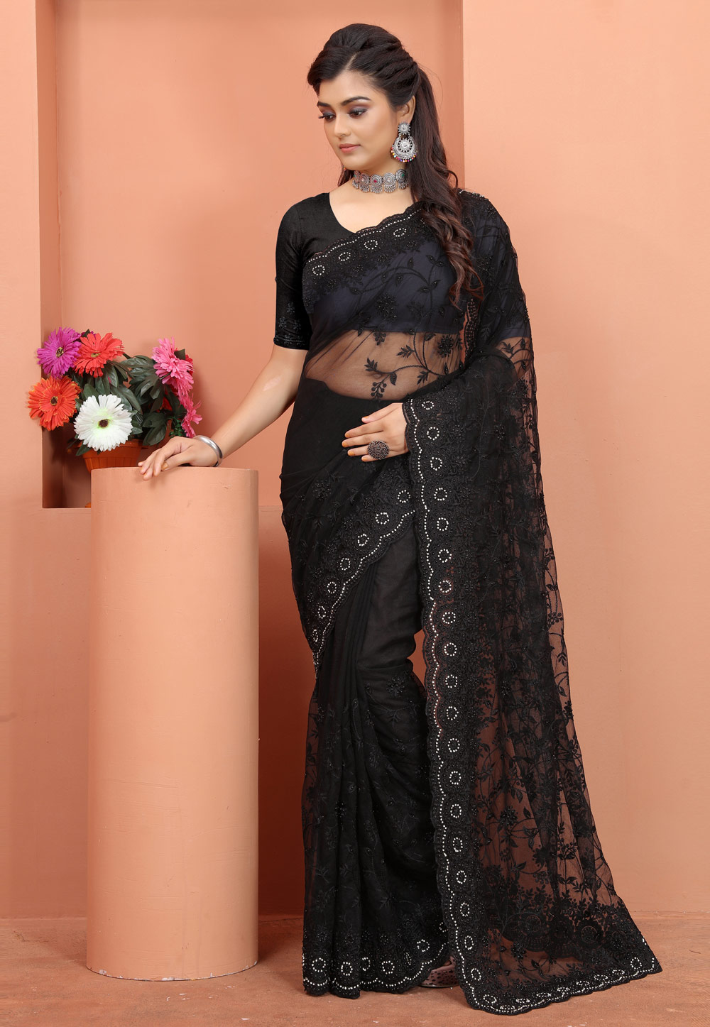 Black Net Saree With Blouse 247826