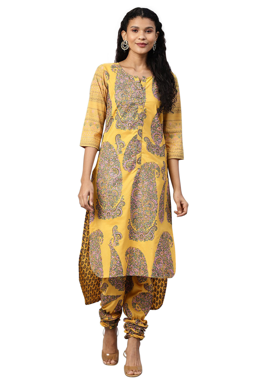 Yellow Crepe Readymade Churidar Suit 214291