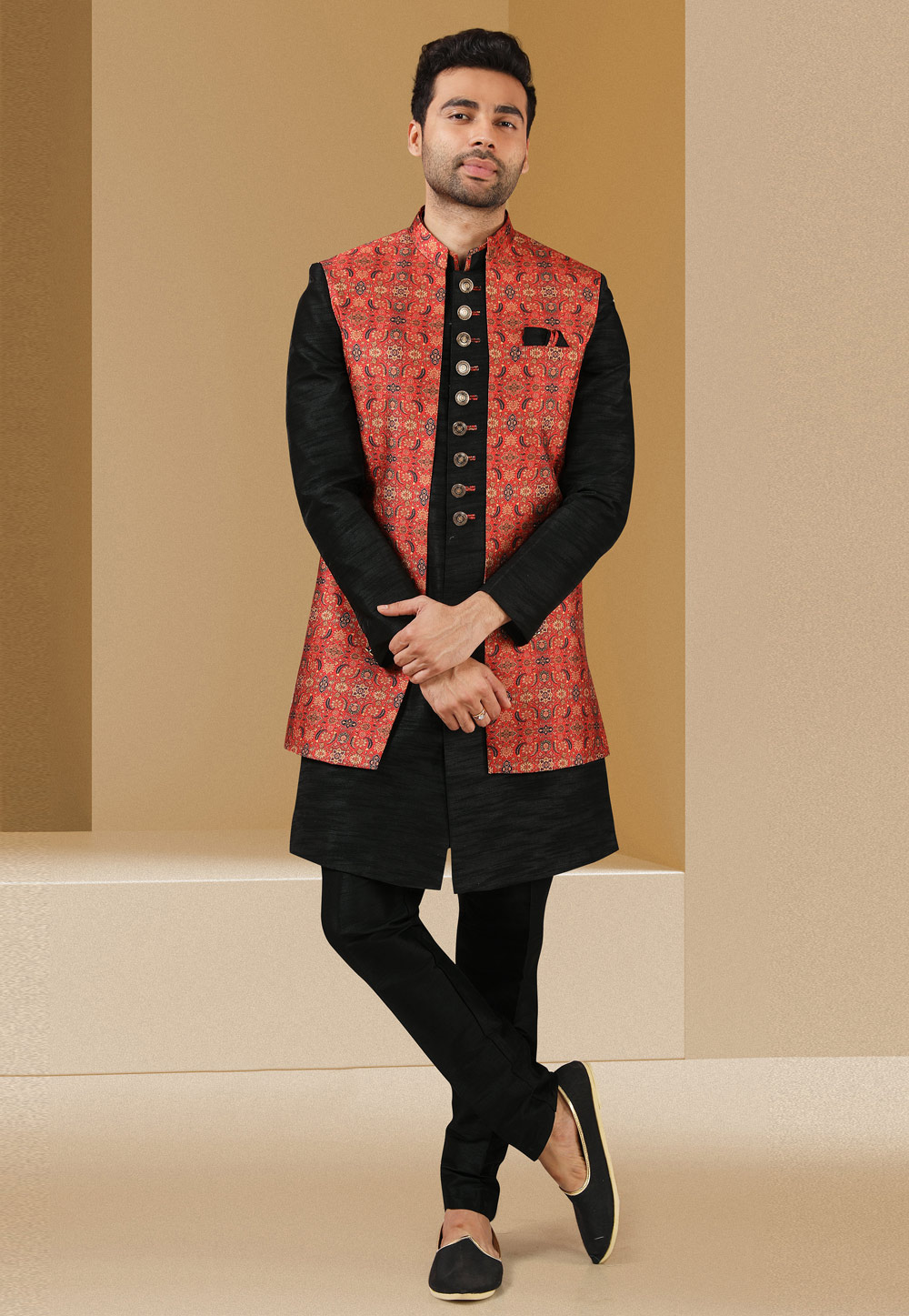 Black Banarasi Indo Western Suit 241370
