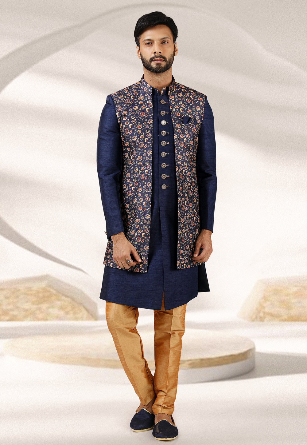Navy Blue Banarasi Indo Western Suit 241371