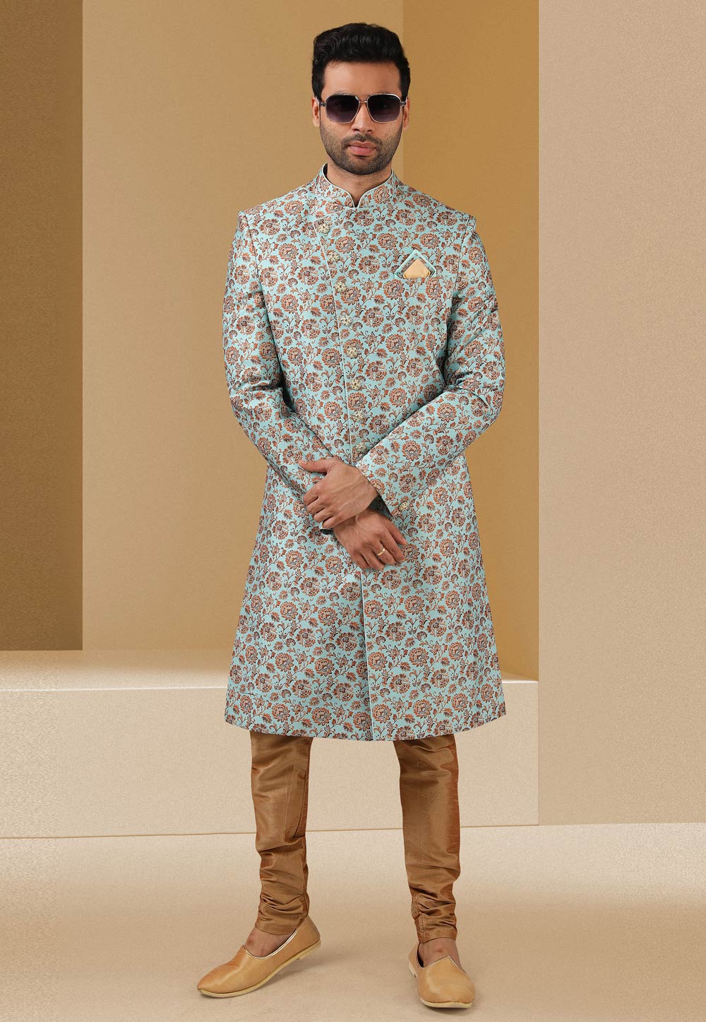 Sky Blue Banarasi Indo Western Sherwani 241381