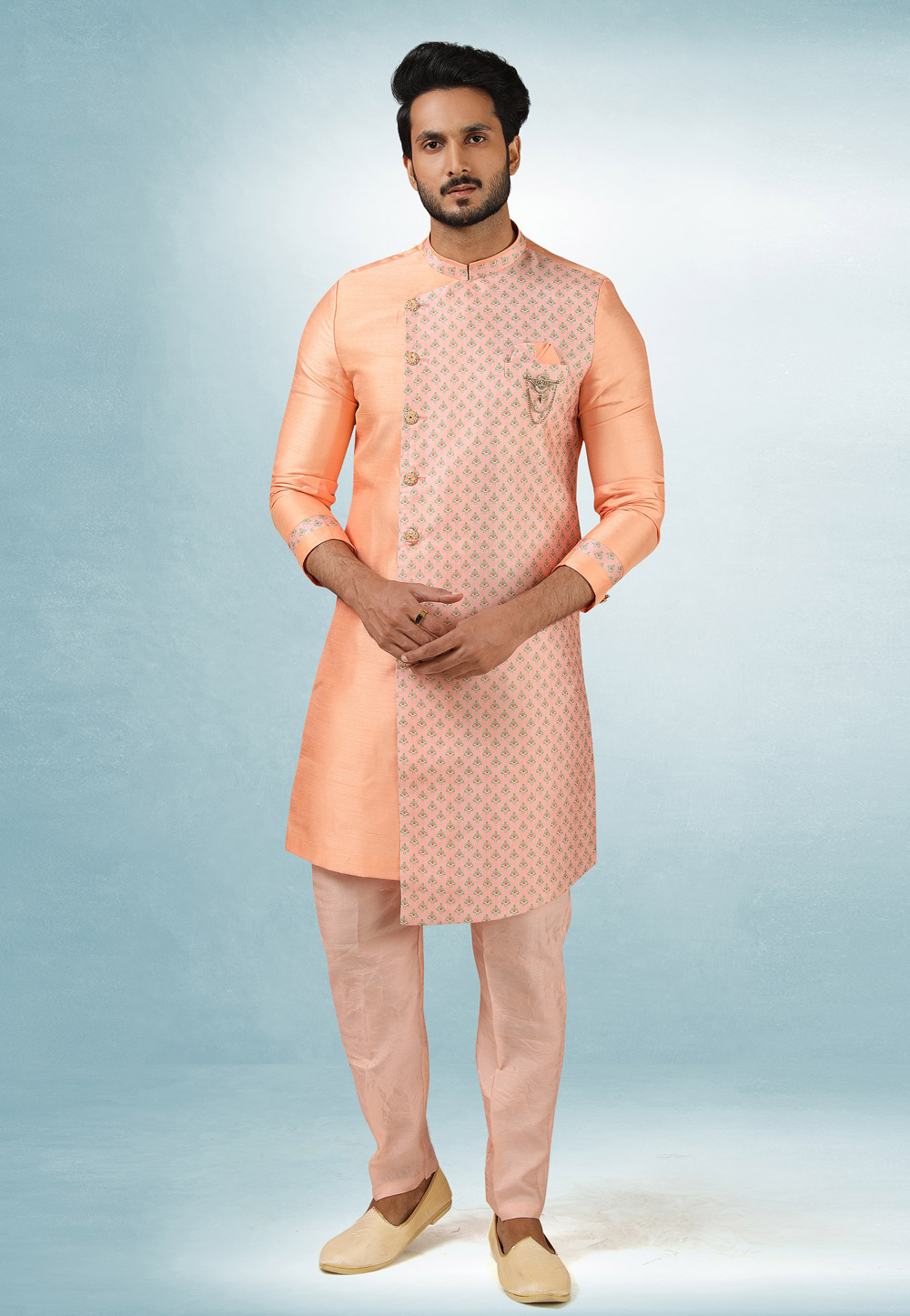 Peach Art Silk Indo Western Suit 241395
