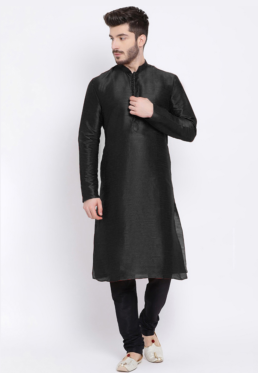Black Dupion Silk Kurta Pajama 235443
