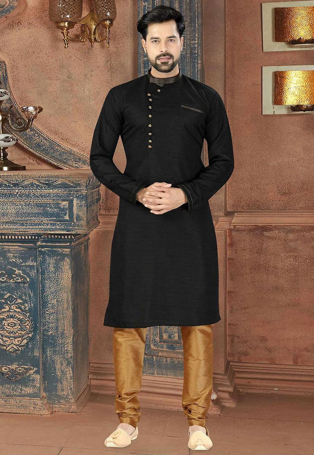Black Dupion Silk Kurta Pajama 231300