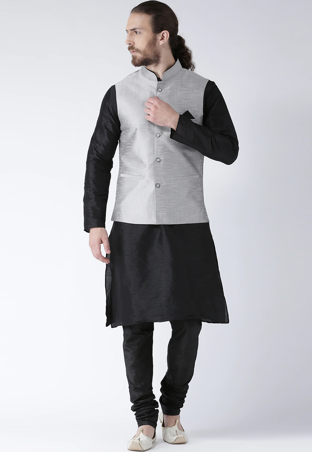 Black Art Dupion Kurta Pajama With Jacket 237456