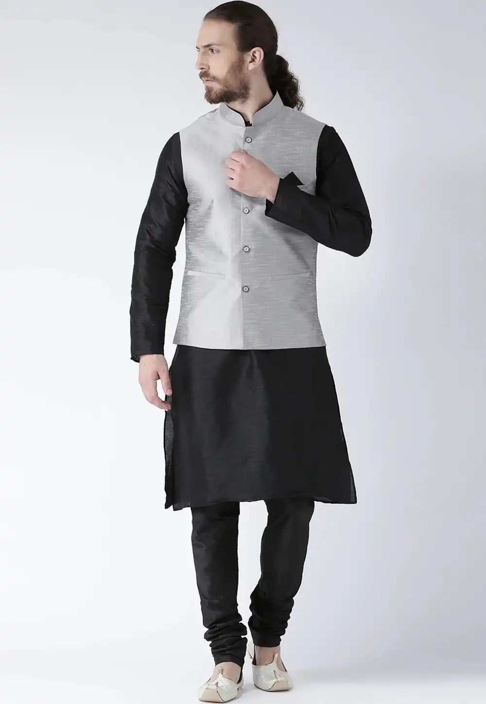 Black Art Dupion Kurta Pajama With Jacket 237456