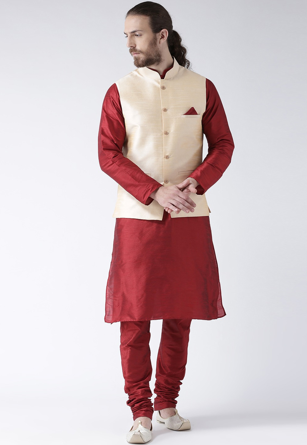 Maroon Art Dupion Kurta Pajama With Jacket 237457