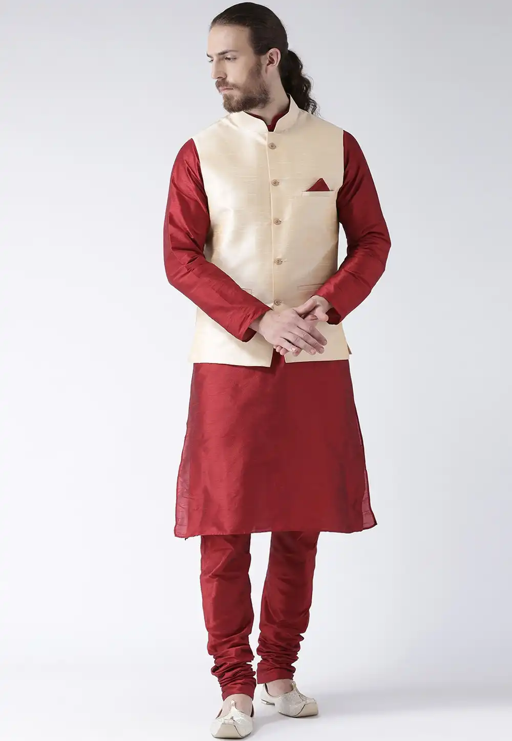 Maroon Art Dupion Kurta Pajama With Jacket 237457