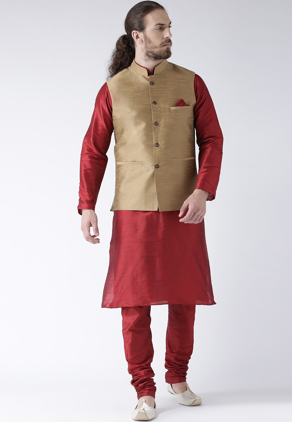 Maroon Art Dupion Kurta Pajama With Jacket 237458