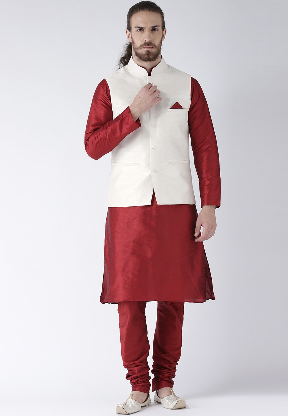 Maroon Art Dupion Kurta Pajama With Jacket 237460
