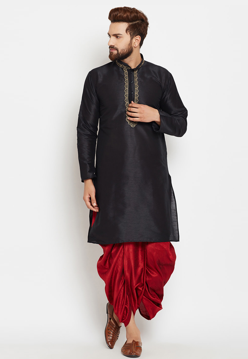 Black Dupion Silk Dhoti Kurta 231301