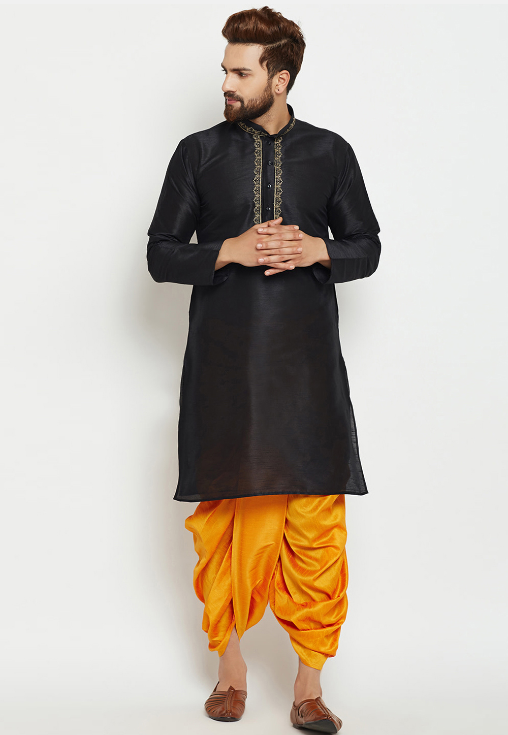 Black Dupion Silk Dhoti Kurta 231302