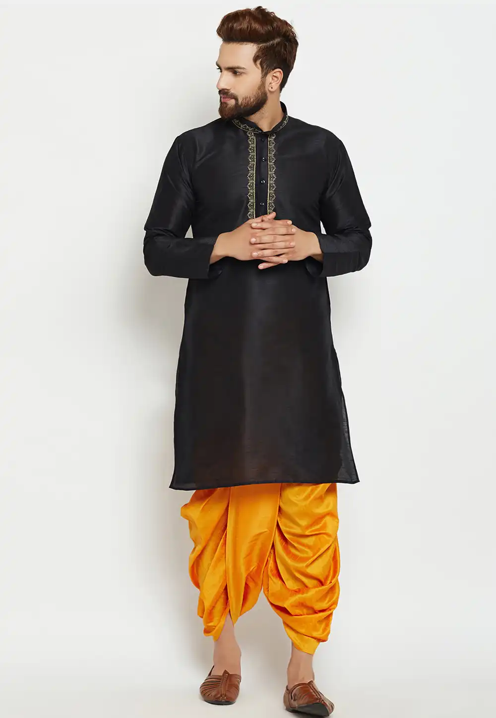 Black Dupion Silk Dhoti Kurta 231302