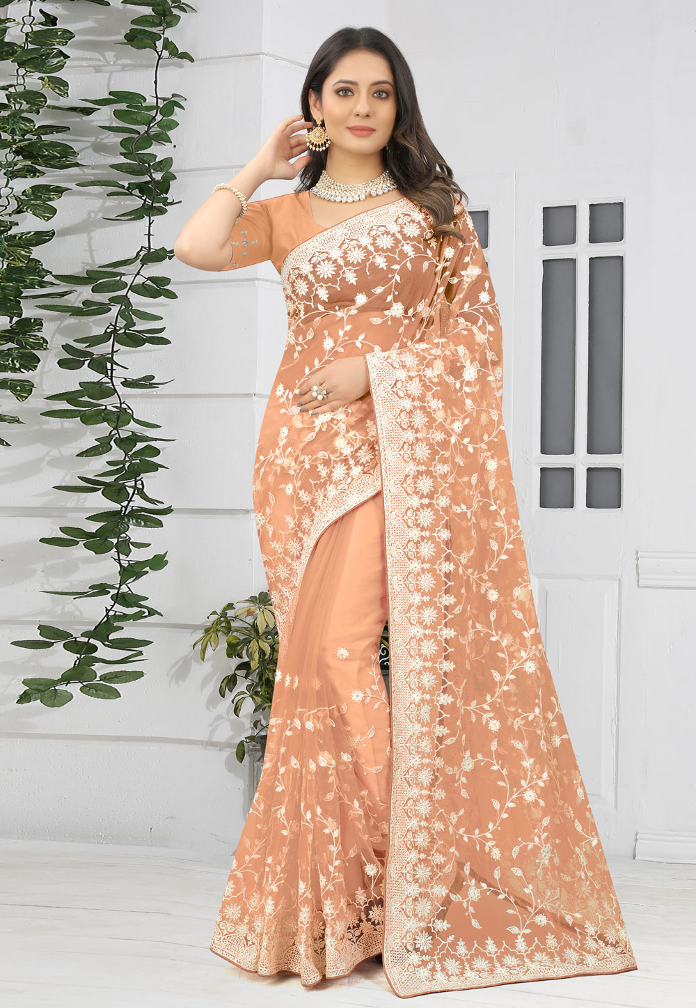Peach Net Saree With Blouse 248755