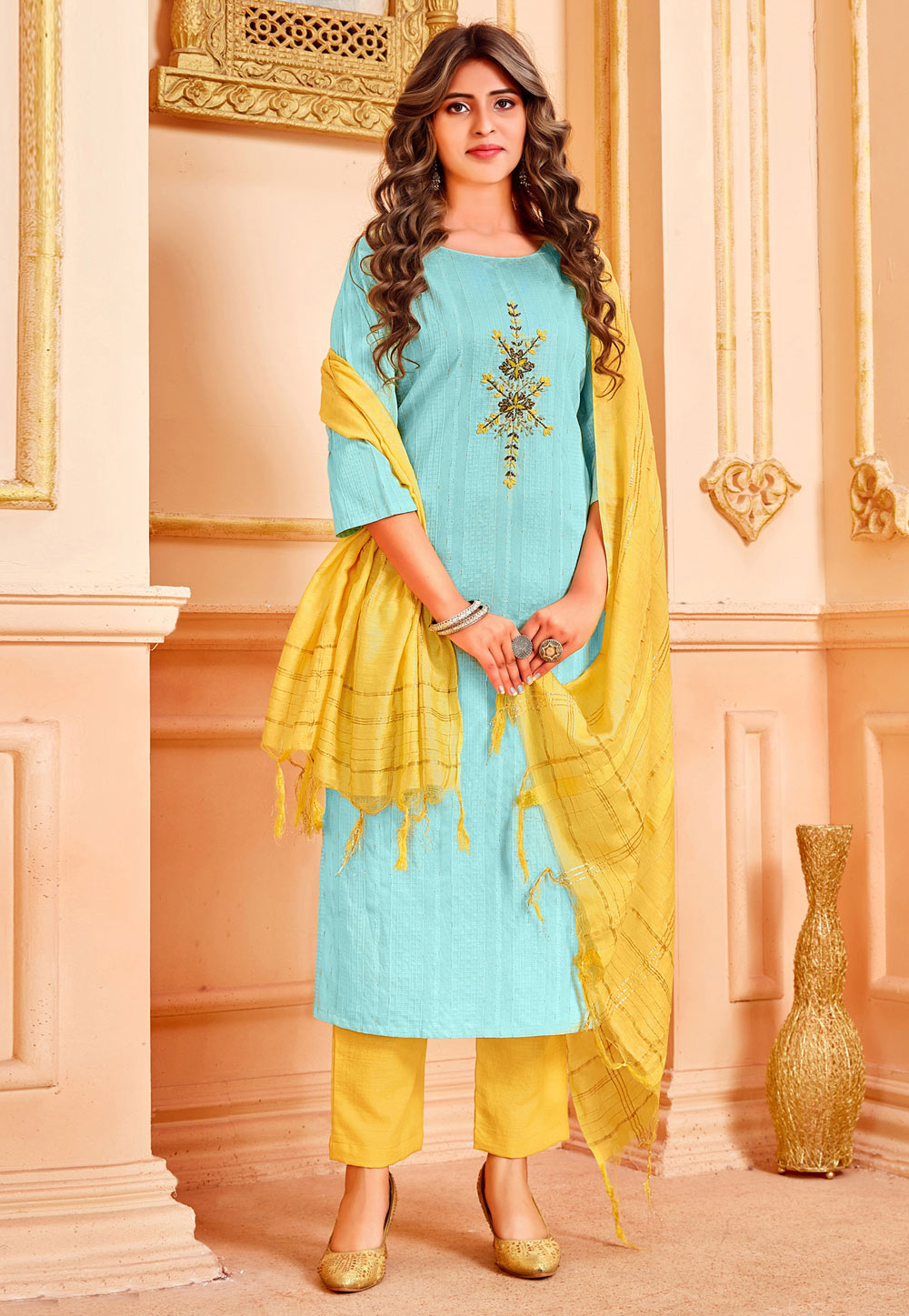 Sky Blue Cotton Readymade Kameez With Pant 238266