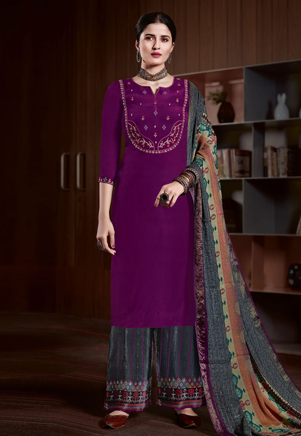 Purple Crepe Palazzo Suit 238590