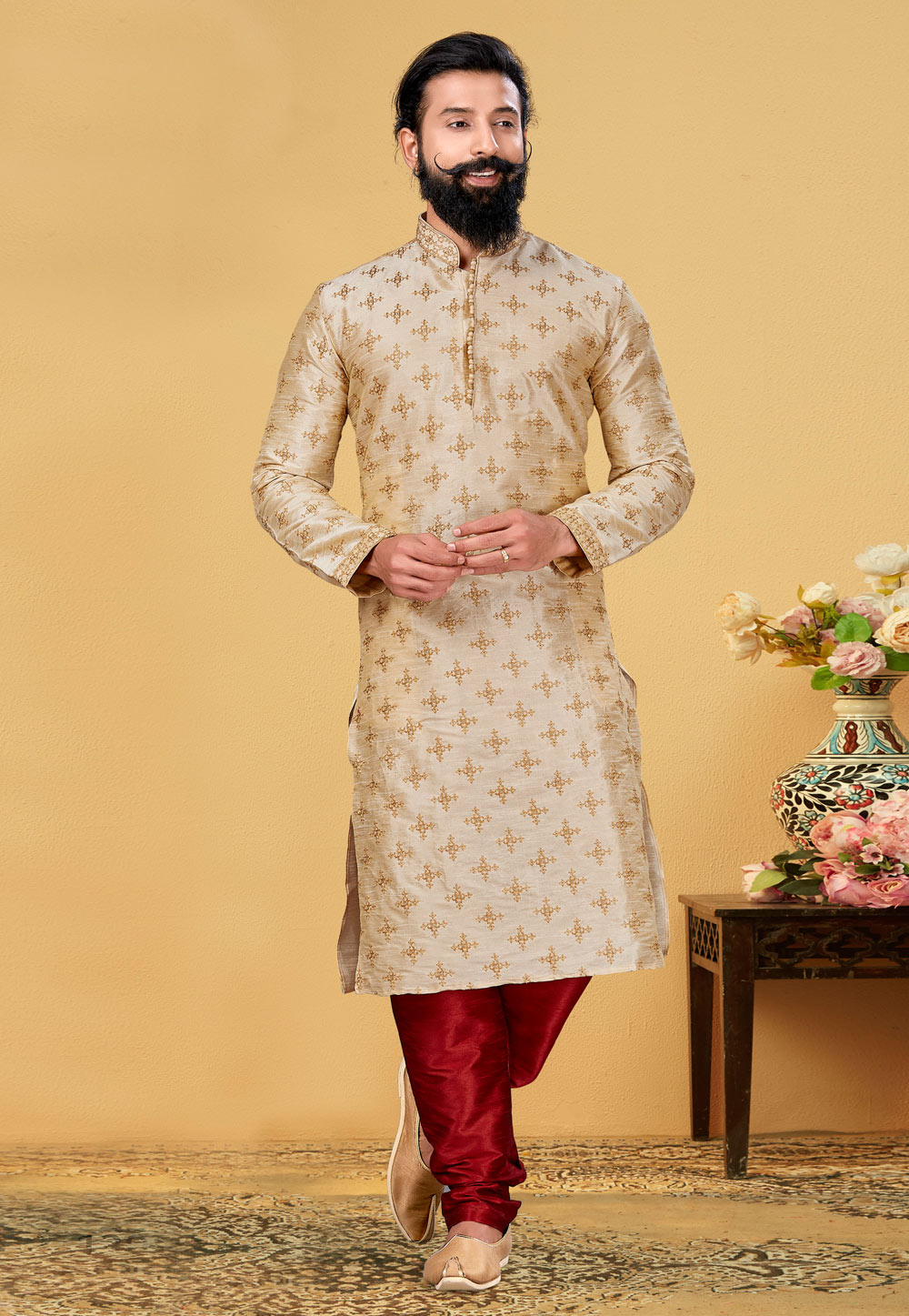 Beige Dupion Silk Lakhnavi Kurta Pajama 240115