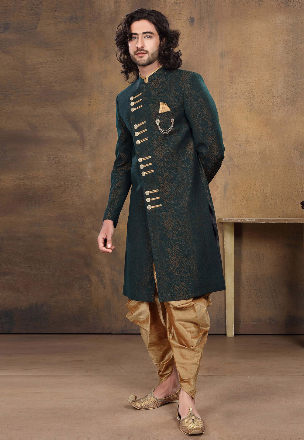 Green Jacquard Indo Western Suit 238686