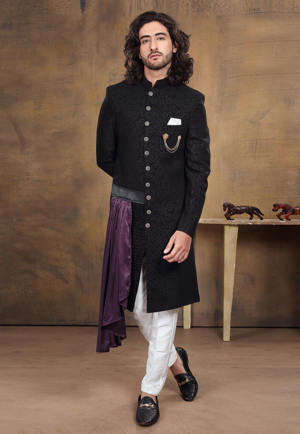 Black Jacquard Indo Western Suit 238687