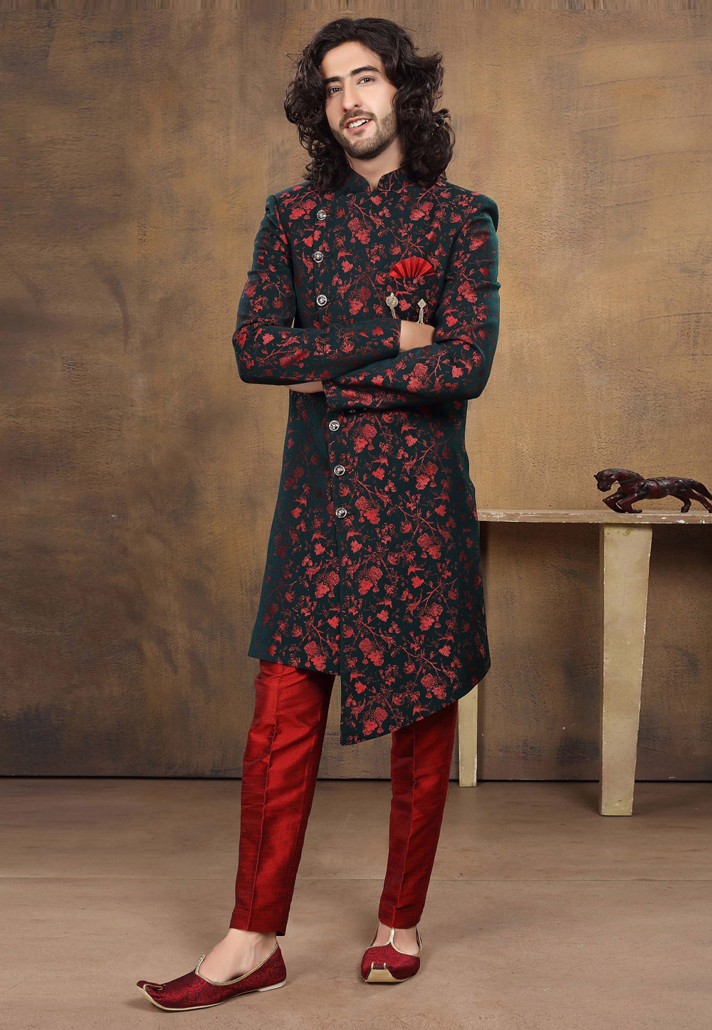 Black Jacquard Indo Western Suit 238690