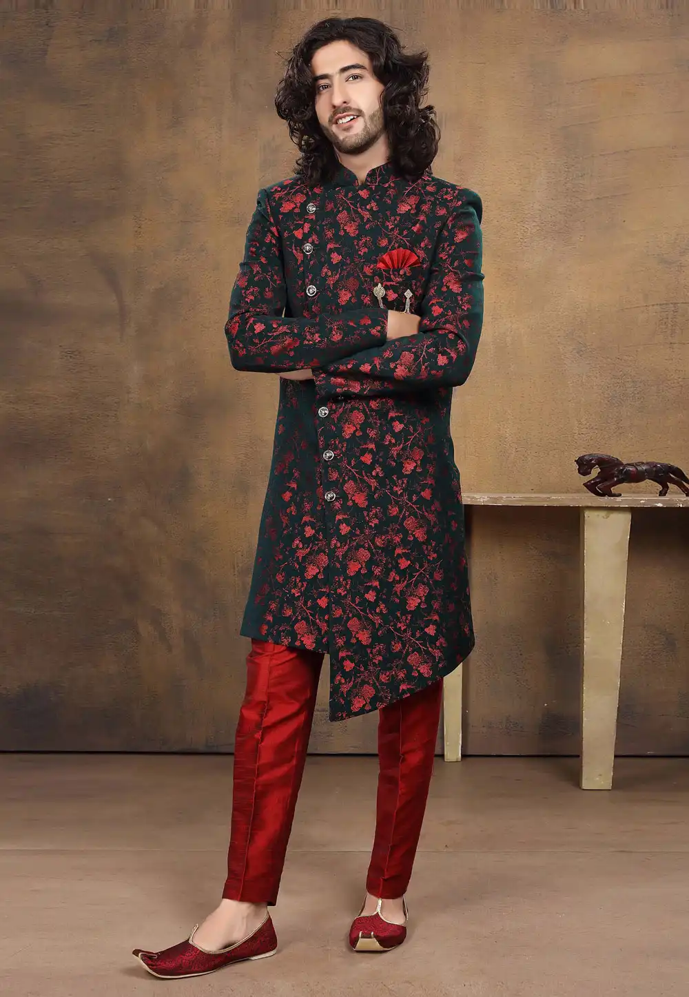 Black Jacquard Indo Western Suit 238690